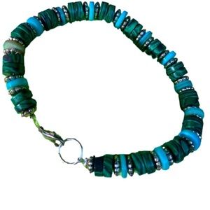 Malachite, Turquoise Shell and Tibetan Silver Handcrafted Beaded Bracelet. 8”